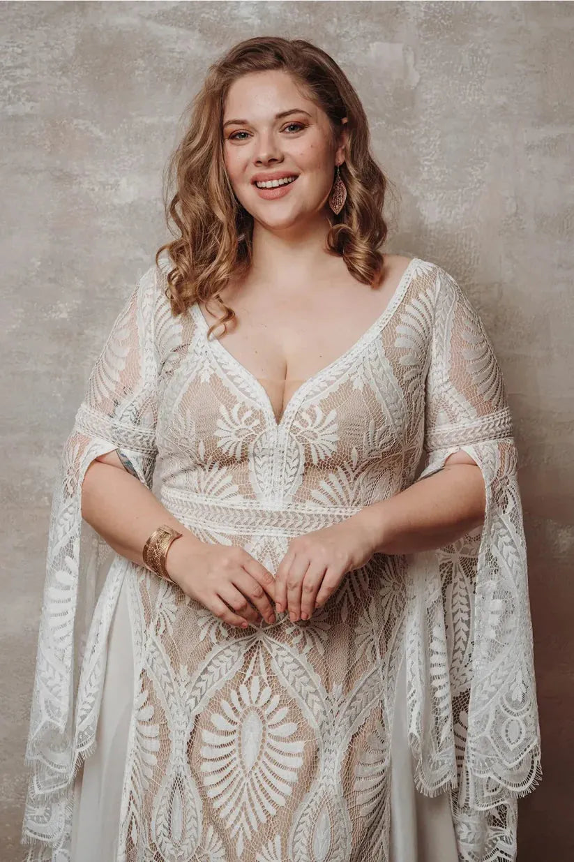 plus size boho lace maxi dress Plus Size Cotton Lace Boho Wedding Dress, Antique Beige Maxi Gown
