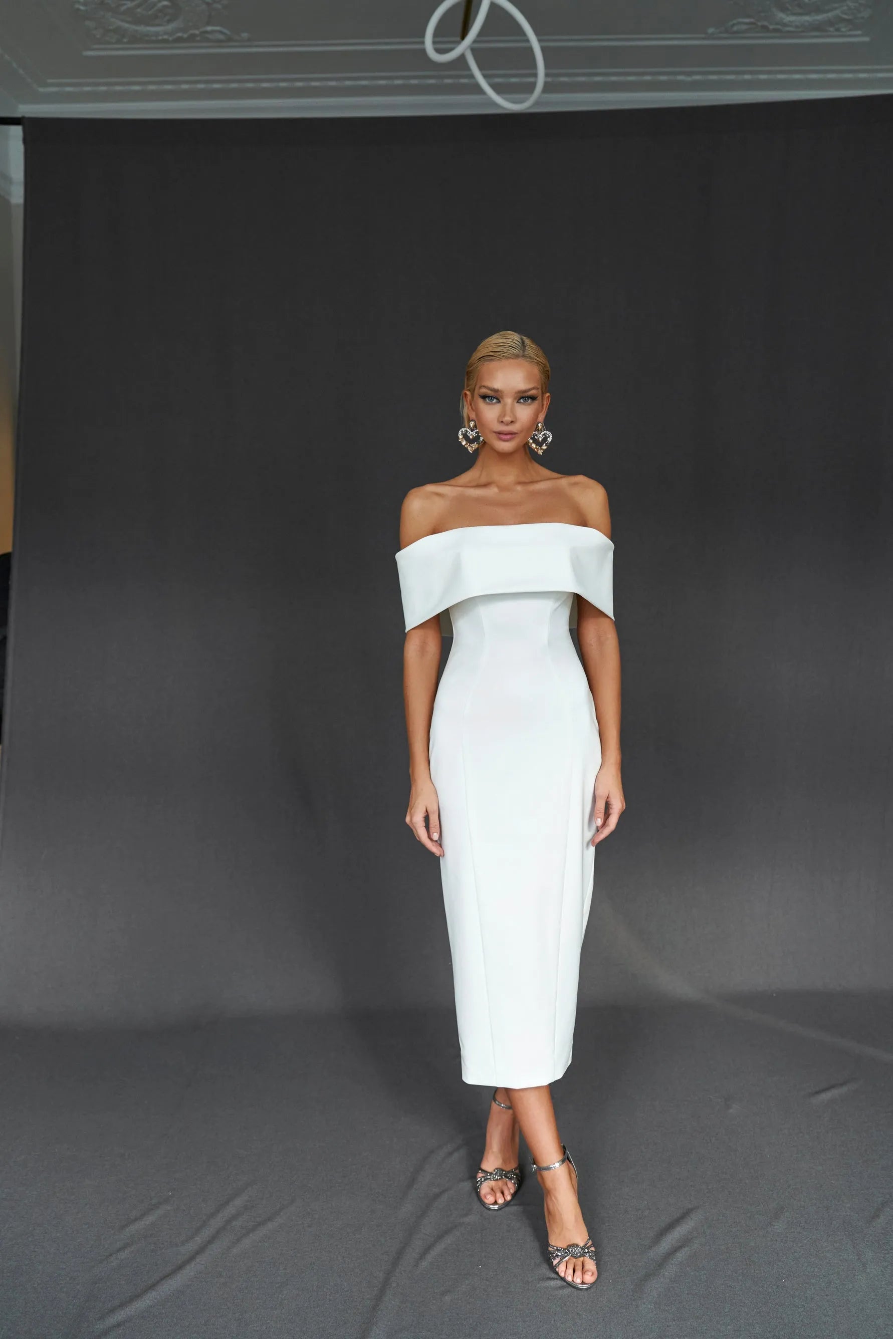 Off-the-Shoulder Form Fitting Midi Short Wedding Dress with Zipper Bac