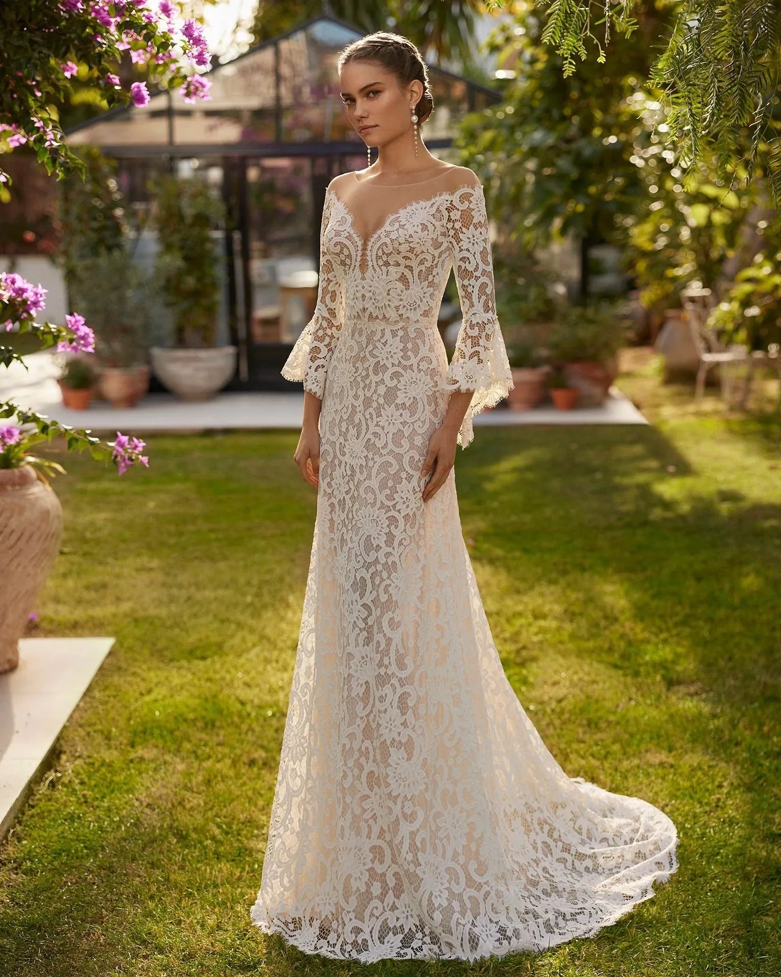 Long Ruffle Sleeve Wedding Dress with Lace Vestido De Novia Modern
