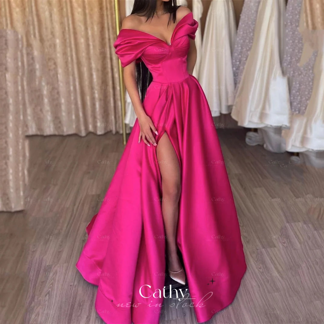 Red Satin Scoop Long Simple Wedding Party Dress, Red Satin Formal Gown