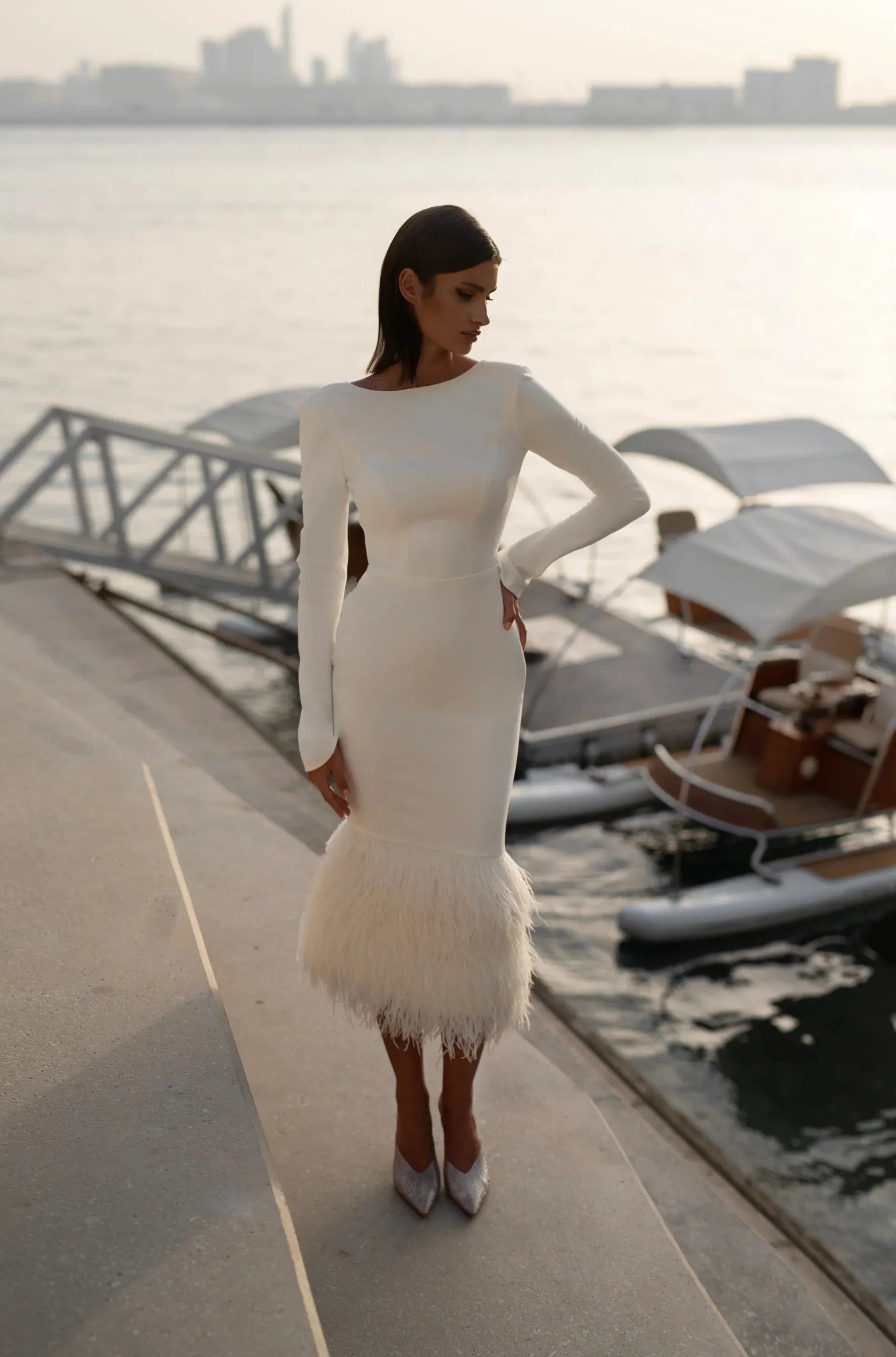 Dinner Outfit White Wedding Rehearsal Dress Wedding Dress With A Fitted Silhouette, Midi Length, Long Sleeves And Dinner Outfit White Wedding Rehearsal Dress Wedding Dress With A Fitted Silhouette, Midi Length, Long Sleeves And