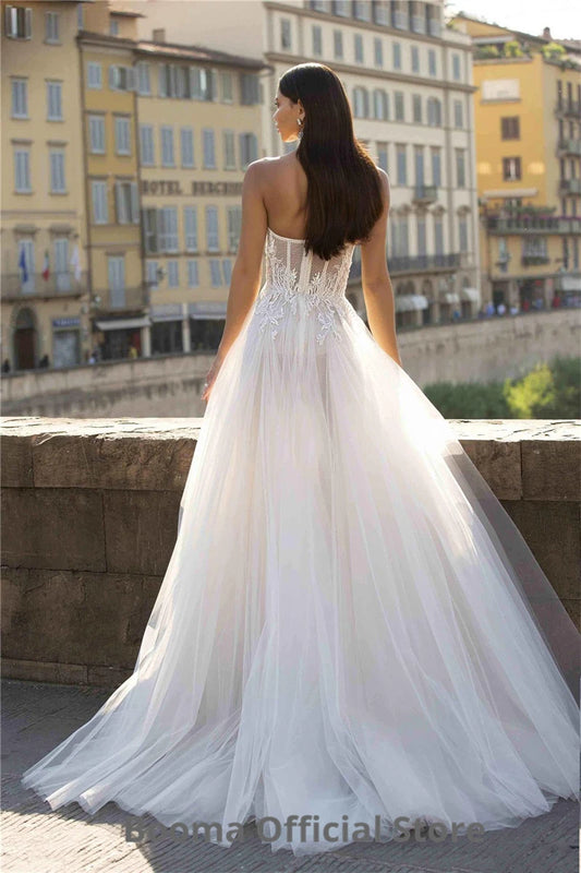 Boho Wedding Dresses A Line Tulle Lace Applique Sweetheart Summer Beach Bridal Gowns Bohemian Sleeveless Open Back