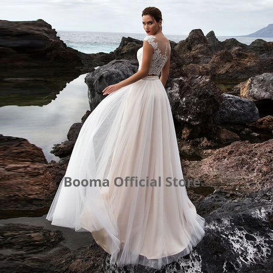Two pieces Beach Wedding Gowns Elegant Bridal Dresses Boho Champagne Cap Sleeve illusion vestido de novia Vintage