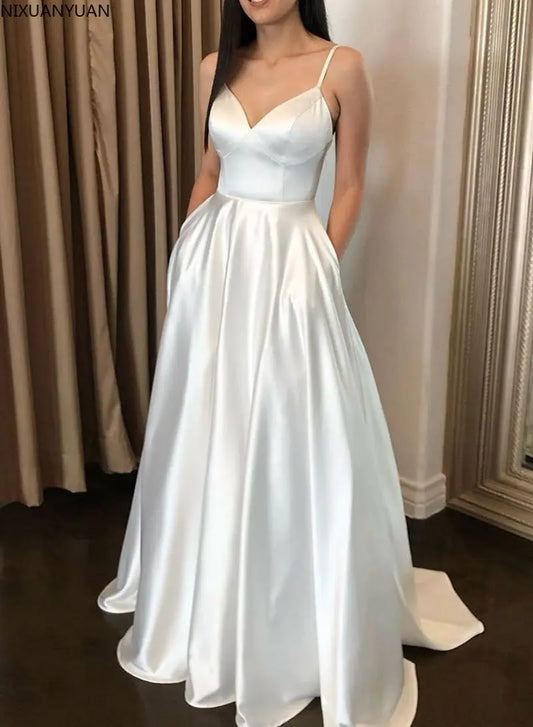 Simple Robe De Mariee Spaghetti Straps Satin Wedding Dresses with Pockets Wedding Gowns Trajes De Novia