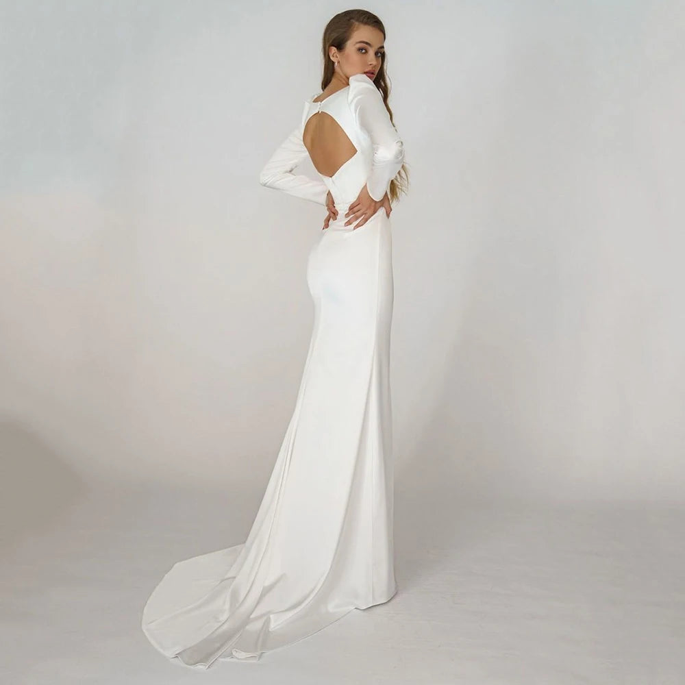 Elegant Long Sleeves Mermaid Wedding Dress Sweetheart Ivory Bridal Gown Simple Backless Brides Dress Vestido De Novia