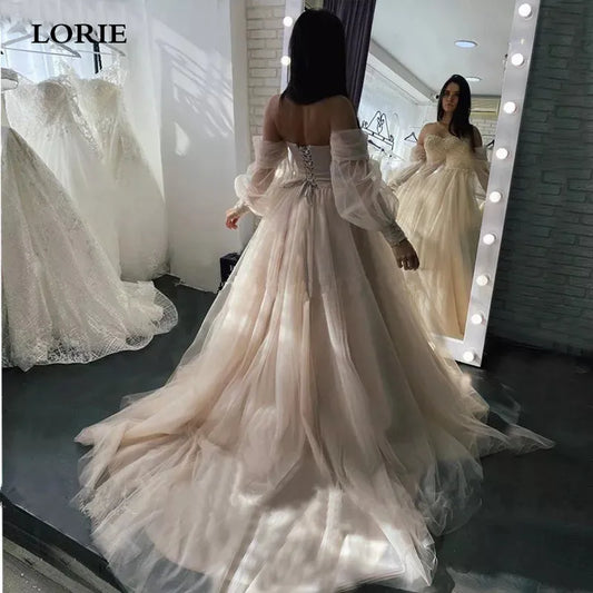 Boho Wedding Dress Sweetheart Appliques Lace A-Line Puffy Sleeves Princess Elegant Wedding Gown Bride Dresses