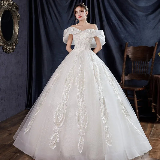 Boat Neck Wedding Dress Luxury Lace Sequins Ball Gown Off The Shoulder Princess Vestido De Noiva Plus Size Robe De Mariee