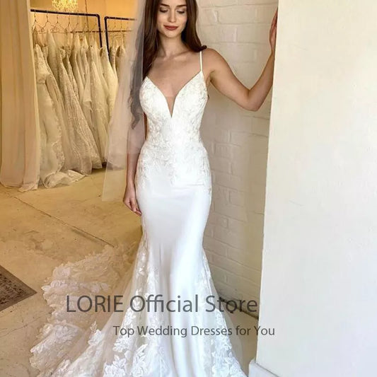 Boho Wedding Dresses Lace Spaghetti Strap Apliques Mermaid Wedding Gown White Ivory Bride Dress suknia slubna