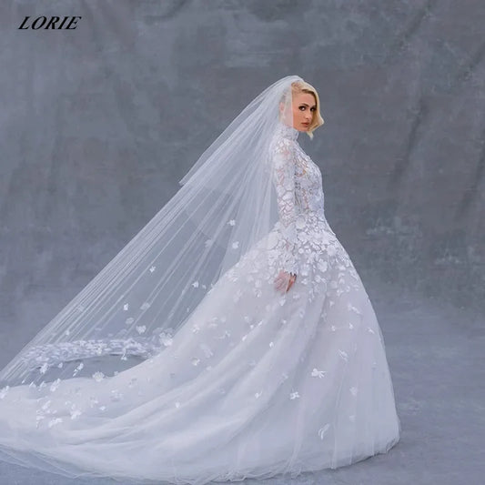 High Neck Lace Wedding Dress Long Sleeve A-Line Bride Dresses Boho Princess Wedding Gown Custom Size vestidos de novia
