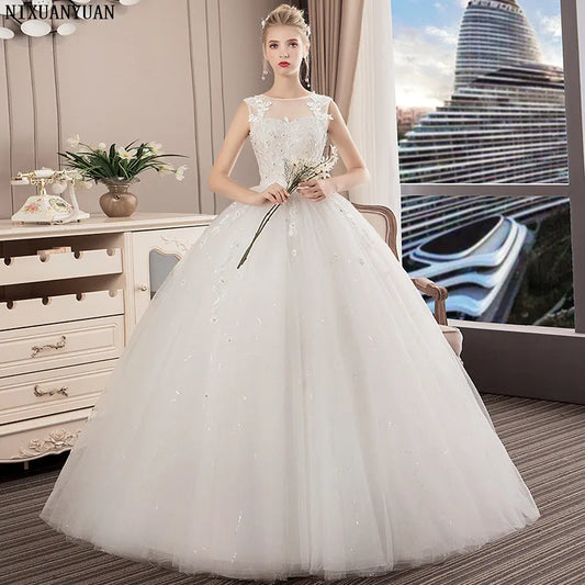 Vestido De Noiva Elegant Sleeveless Tulle Lace Appliques Beading Ball Gown O-neck Sexy Princess Wedding Gowns