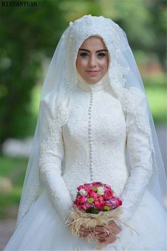 Arabic Bridal Gown Islamic Long Sleeve Muslim Wedding Dress Arab Ball Gown Lace Hijab Wedding Dress 2021
