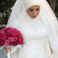 Elegant Bridal Dresses High Neck Lace Appliqued Long Sleeve Muslim Wedding Dress Vestido De Noiva Renda Custom Made Bride Gown