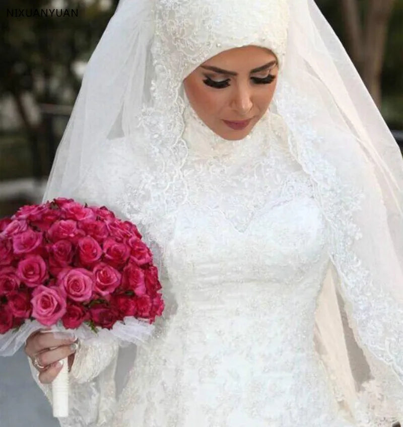 Elegant Bridal Dresses High Neck Lace Appliqued Long Sleeve Muslim Wedding Dress Vestido De Noiva Renda Custom Made Bride Gown