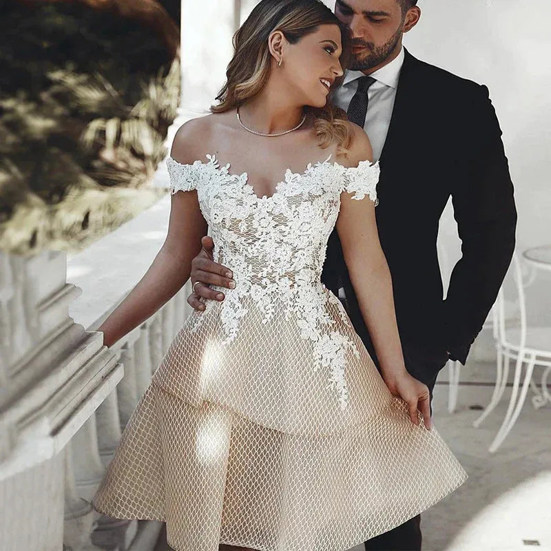 Vestido de novia corto con hombros descubiertos, vestidos de novia