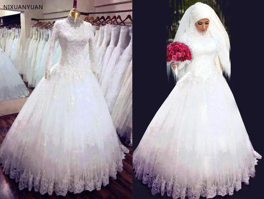 2022 Long Sleeves Muslim Wedding Dress High Neck Lace Long robe de mariage Islamic Arabic Wedding Dresses Vestido De Novia