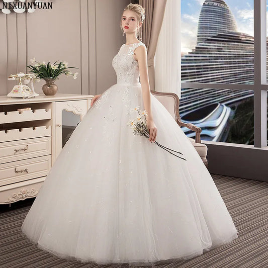 Vestido De Noiva Elegant Sleeveless Tulle Lace Appliques Beading Ball Gown O-neck Sexy Princess Wedding Gowns