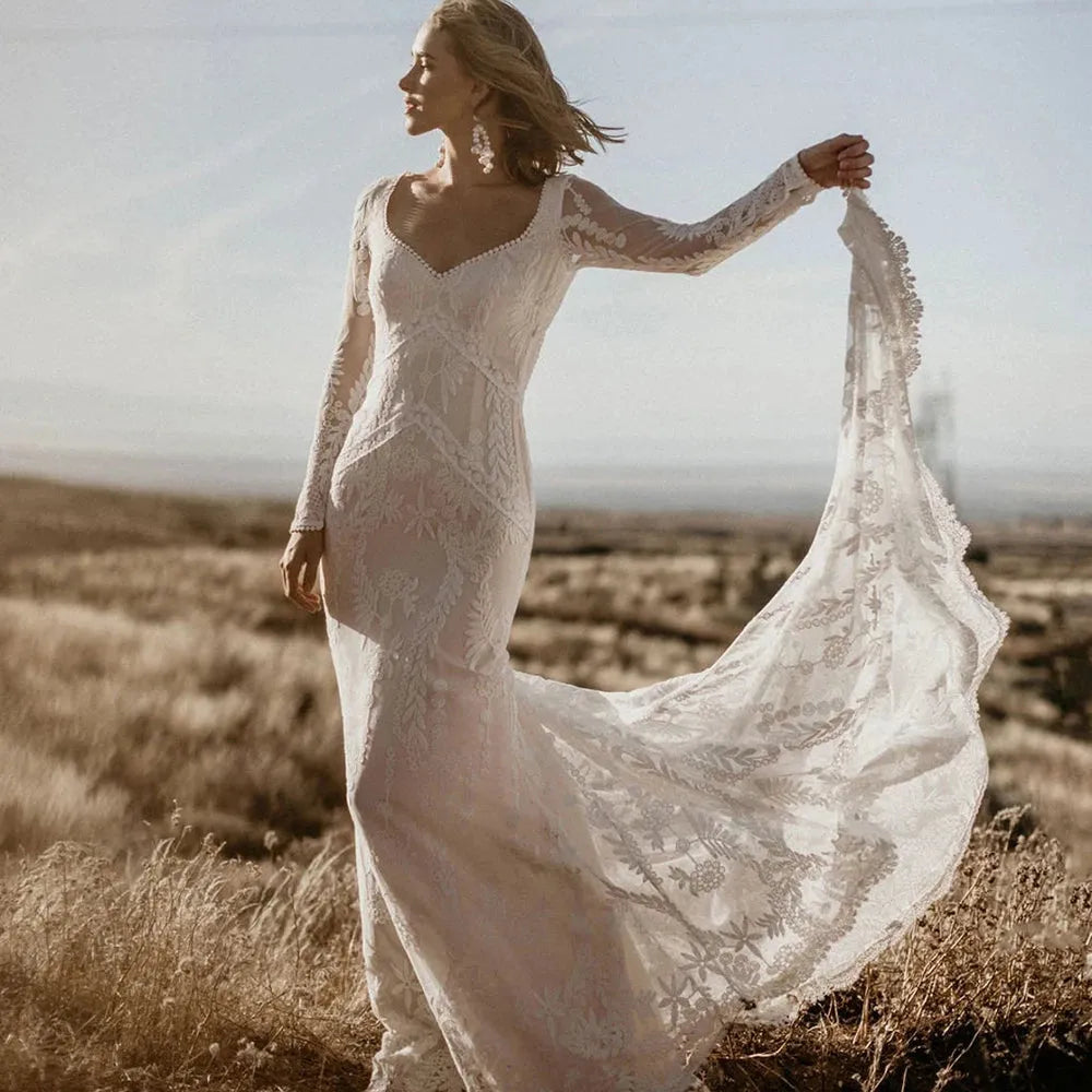 Boho Lace Mermaid Wedding Dresses Long Sleeves Square Neckline Trumpet