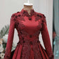 Dark Red Arabic Muslim Wedding Dresses with Long Sleeves Lace High Neck Ball Gown Wedding Gowns Appliqued Bridal Dress