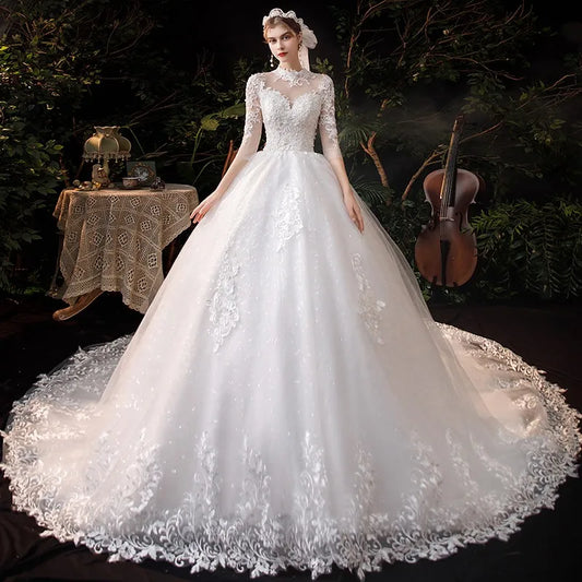 Vestido De Noiva Wedding Dress Three Quarter Sleeve High Neck Luxury 1m Long Train Ball Gown Princess Robe De Mariee Plus