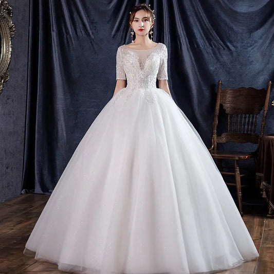 Wedding Dress Short Sleeve Classic Sequins Lace Up Ball Gown Princess Luxury Vestido De Noiva Robe De Mariee
