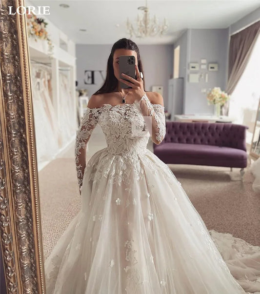 Lace Princess Wedding Dresses Long Sleeve Off The Shoulder Appliques Bride Gown vestidos de novia Wedding Ball Gowns
