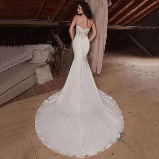 Spaghetti Straps Wedding Dress Strapless Lace Appliques Sexy Mermaid Bride Gown Elegant Bride Dress Customize To Measure