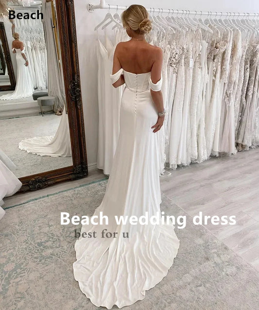 Simple Ivory Mermaid Wedding Dress Satin Pleat Off The Shoulder Bride Dresses Side Split Saudi Arabia Wedding Party Dress