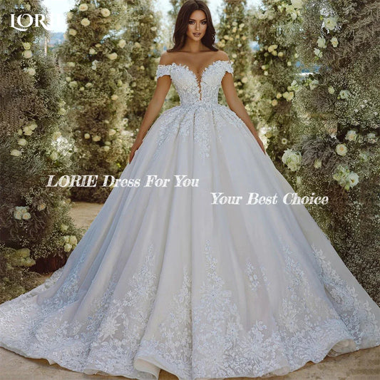 Vintage Glitter Lace Wedding Dresses Off Shoulder Appliques A-Line V-Neck Bridal Gowns Backless Princess Bride Dress