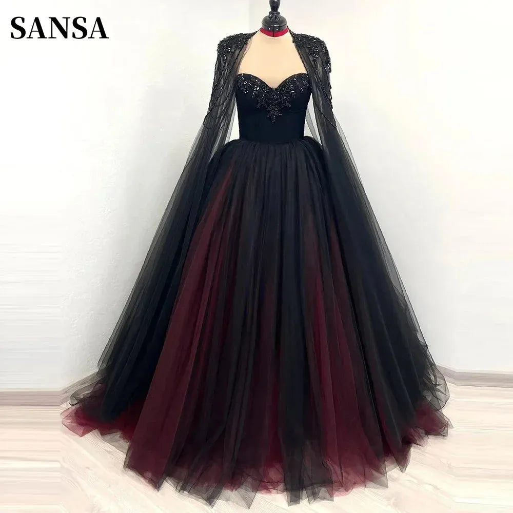 Vestido de novia gótico negro con lentejuelas rojas, manga estilo