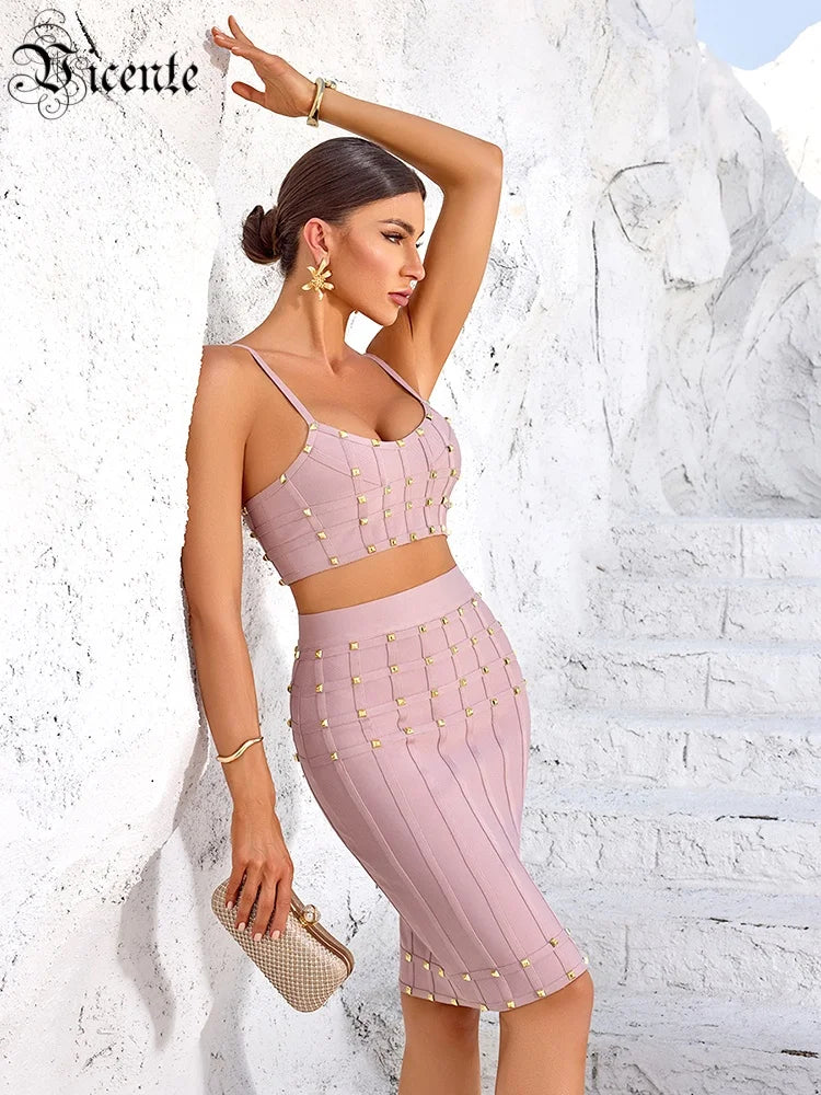 Chic Pink Studded Crop Top and Skirt Set for a Trendy Rooftop