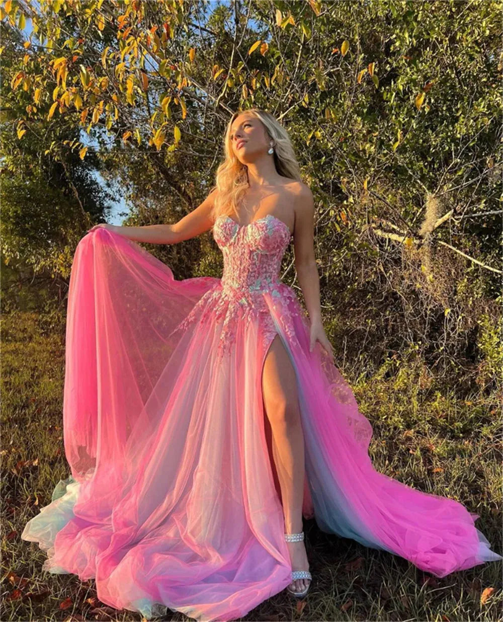 Pink Lace Appliques Tulle Prom Dresses Strapless A-line vestidos