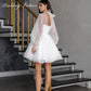White Short Wedding Dresses for Women Bride A Line Wedding Gown Long Puff Sleeve Illusion High Collar Sweetie Bridal Dress