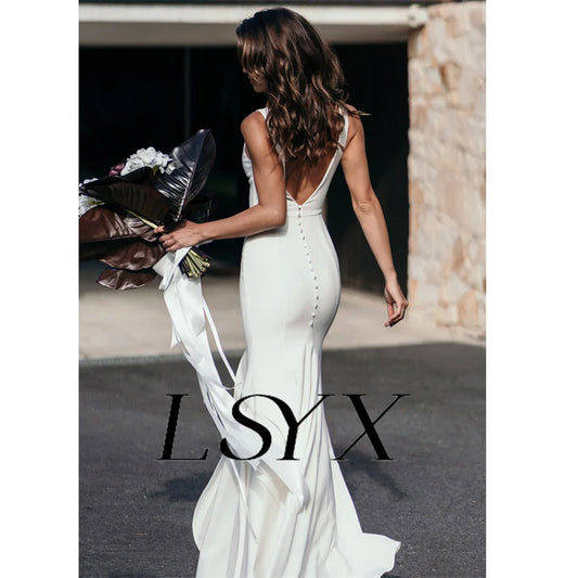 LSYX Deep V-Neck Sleeveless Simple Mermaid Wedding Dress Crepe Open Back High Side Slit Floor Length Bridal Gown Custom Made