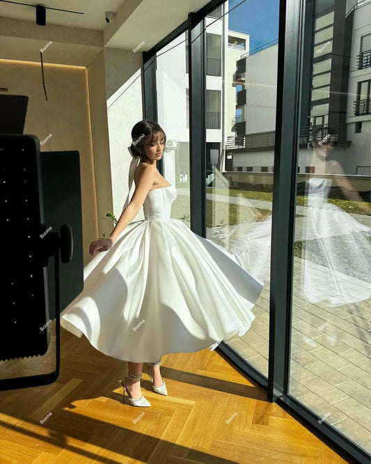 A-Line Midi Wedding Party Dresses Sweetheart Sleevless Stain Brides Gowns Tea-Length Simple Bridas Evening Dress for Women