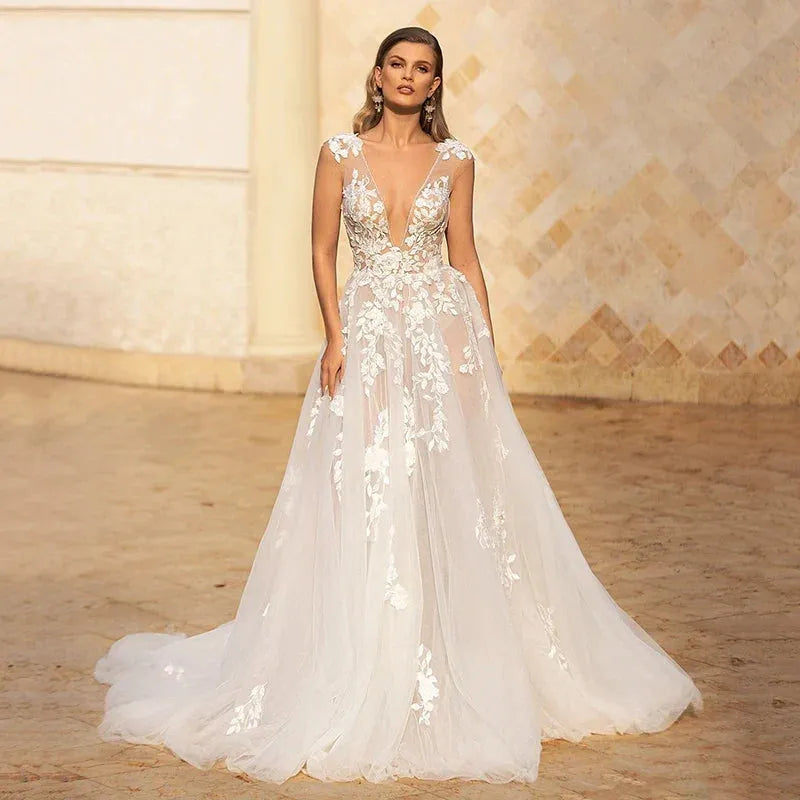 Elegant A-Line Wedding Dresses Deep V-Neck Appliques Long Bridal Dress