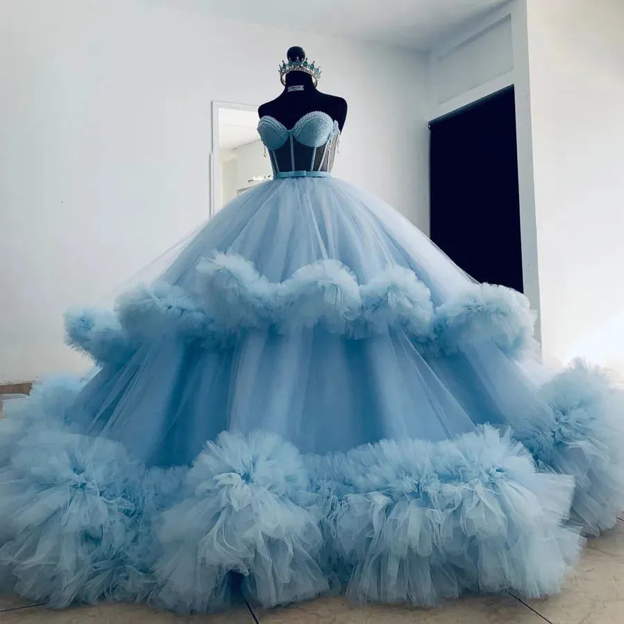 Extra Puffy Ball Dress Blue Ruffled Tulle Prom Dresses Sweetheart