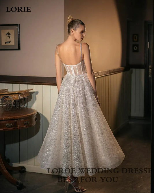 Shiny Sweetheart Princess Wedding Dresses Glitter Tulle Sexy Spaghetti Straps Ankle Length Boho Bride Dresses