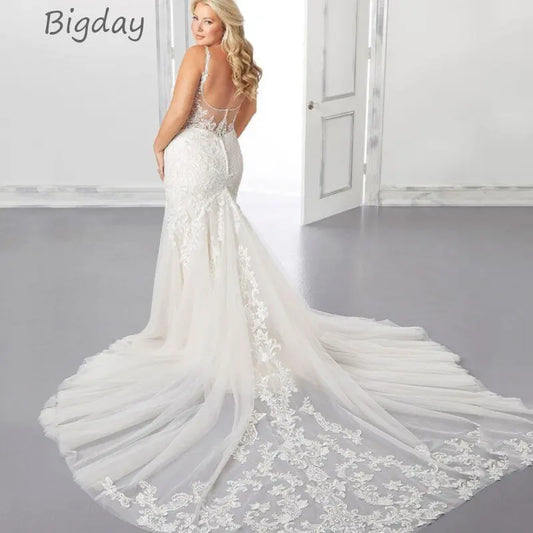 Elegant Mermaid Wedding Dresses Women Plus Size White Open Back V-Neck Tulle Spaghetti Straps Bridal Gown Vestidos De Novia