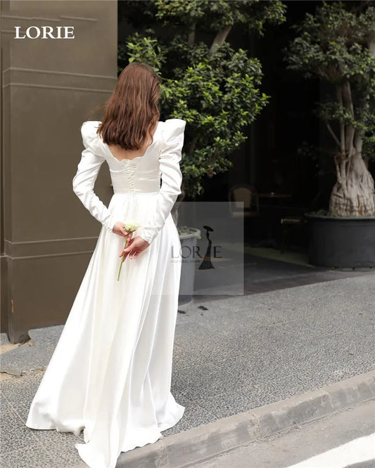 Satin Princess Wedding Dress A Line Square Neck Bride Dresses Long Sleeve Lace Up Back Party Gowns