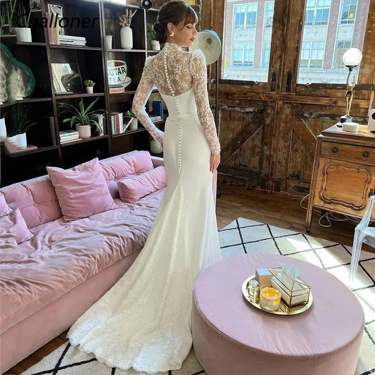 Elegant High Neck Mermaid Wedding Dress Long Sleeves Lace Illusion Button Bridal Gown Floor Length Vestidos De Novia Challoner