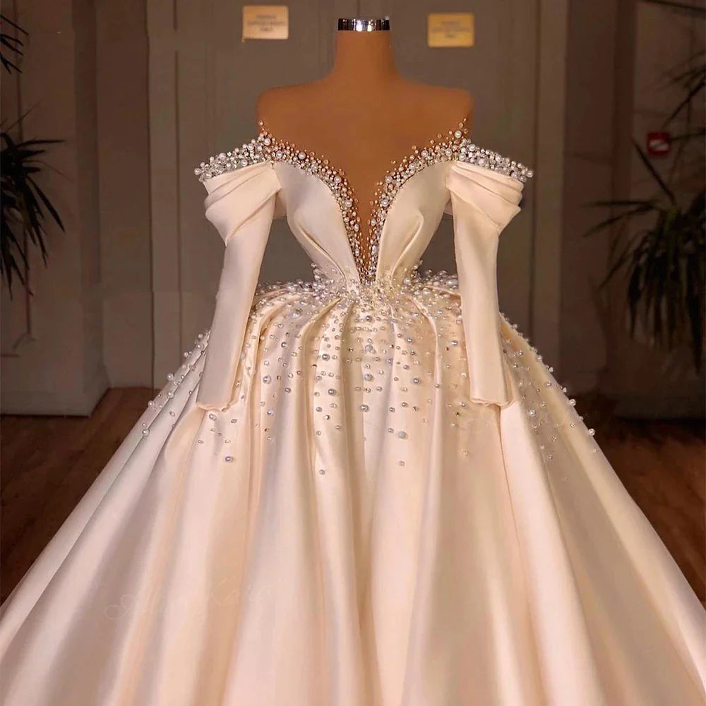 BEAUTIFUL 3 In 1 Pearls Wedding Dresses for women Satin Off Shoulder Court Train Bridal Gown Princess Vestido De Novia
