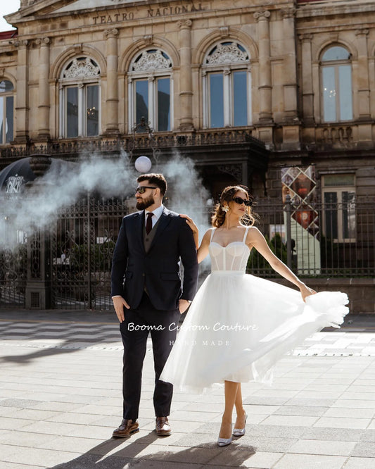 Modern Sweetheart Short Wedding Dresses Spaghetti Straps Bustier Tea-Length A-Line Tulle Midi Civil Bridal Gowns