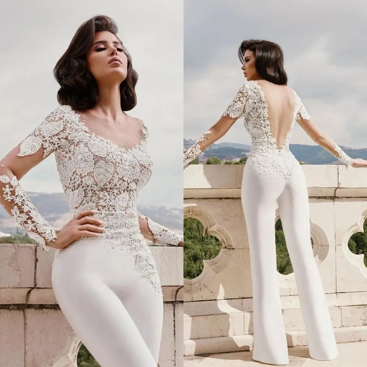Sexy Jumpsuits Wedding Dress Long Sleeve Lace Appliqued Beaded