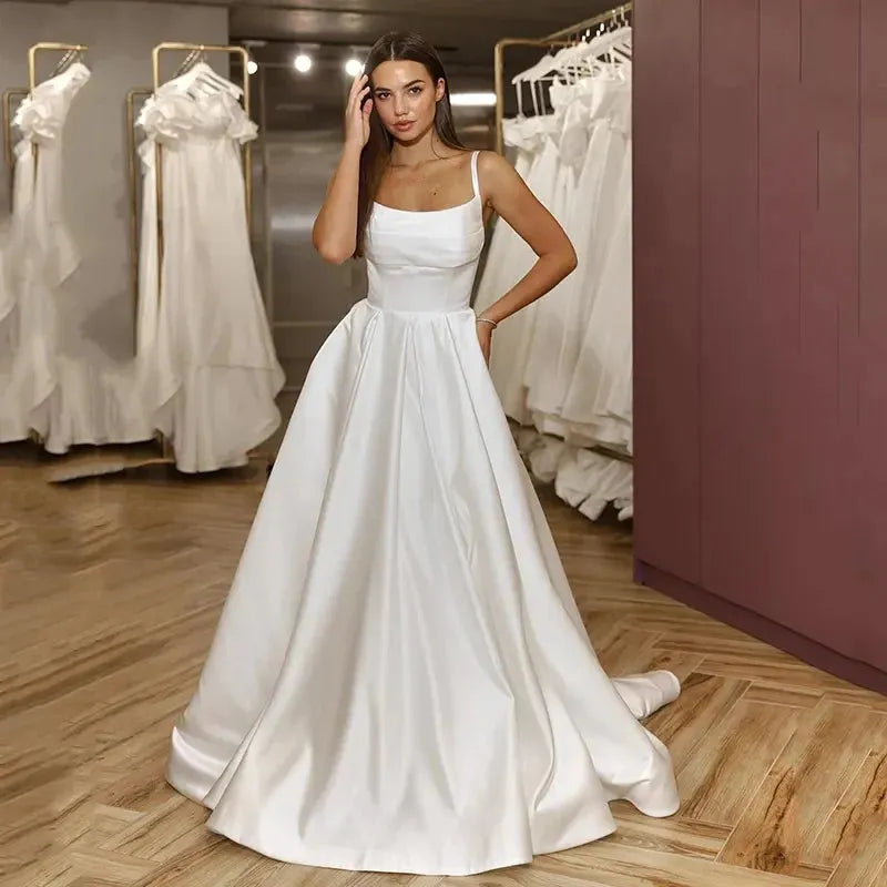 Elegant White A-Line Wedding Dresses Spaghetti Straps Satin Bridal Dre