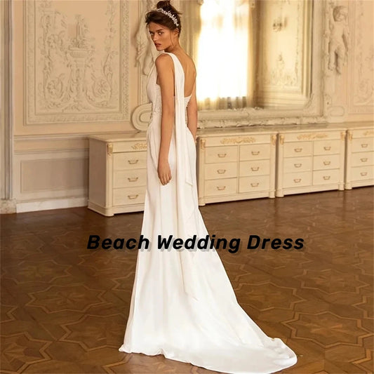 Beach Satin Elegant Wedding Dress Women Strapless Square Collar One Shoulder Bridal Gowns Backless Robes Side Slit Vestidos