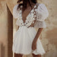 Short Wedding Dresses Plunging V-Neck Half Sleeves Pearls Flowers Mini Bride Dresses Sexy Backless Illusion Formal Wedding Gowns
