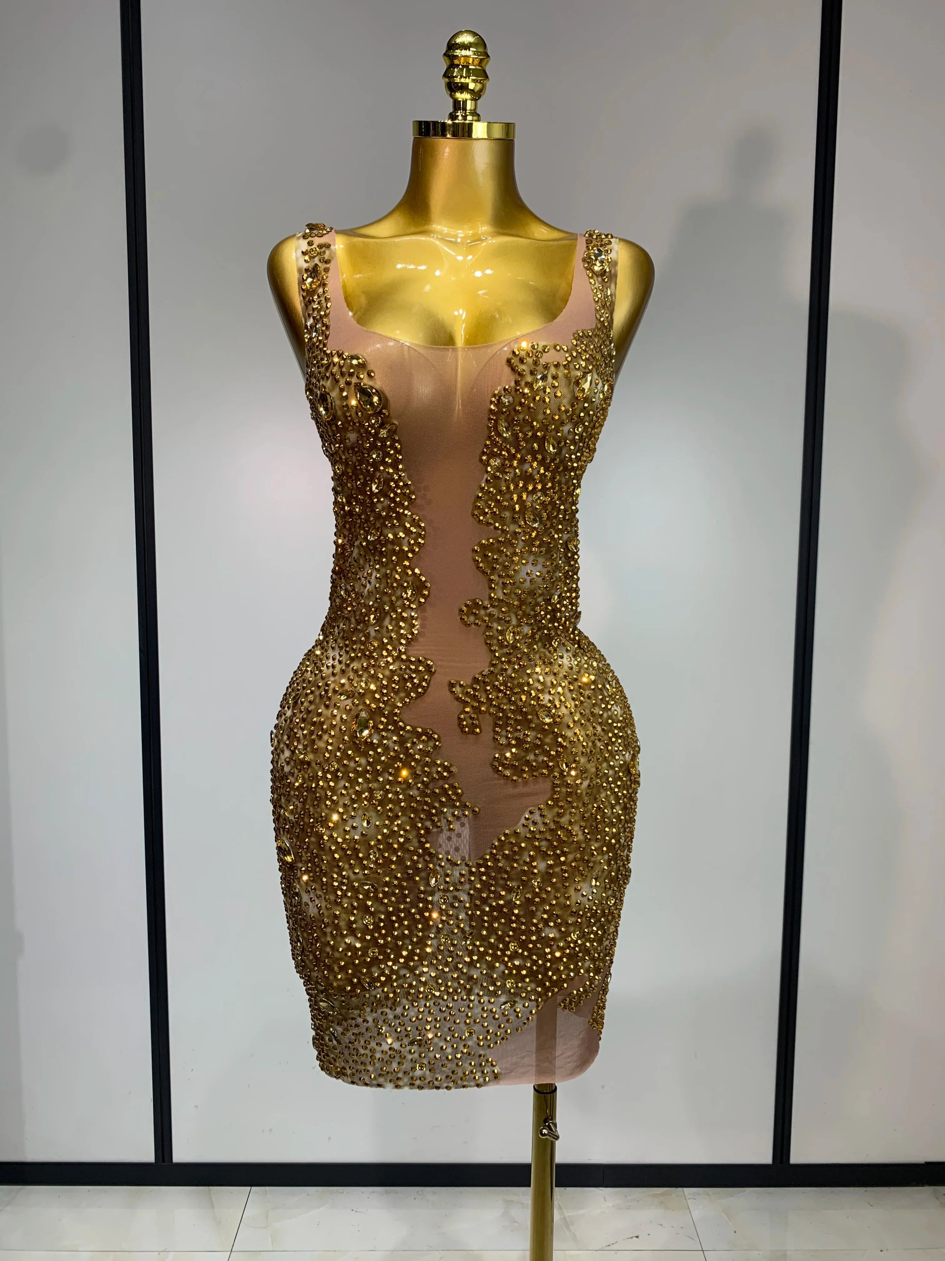 Women Sexy Stage Perform Outfit Club Gown Shining Gold Rhinestones Ele