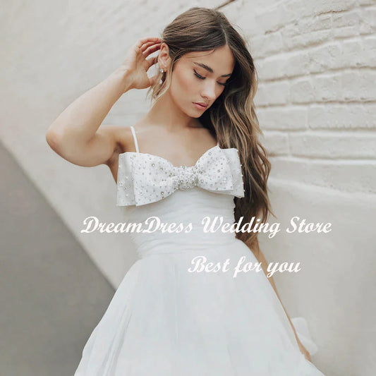 Beading Bow Mini Length Ruffles Tulle Wedding Party Dress Spaghetti Straps Above Knee Sleeveless Princess Bridal Gown