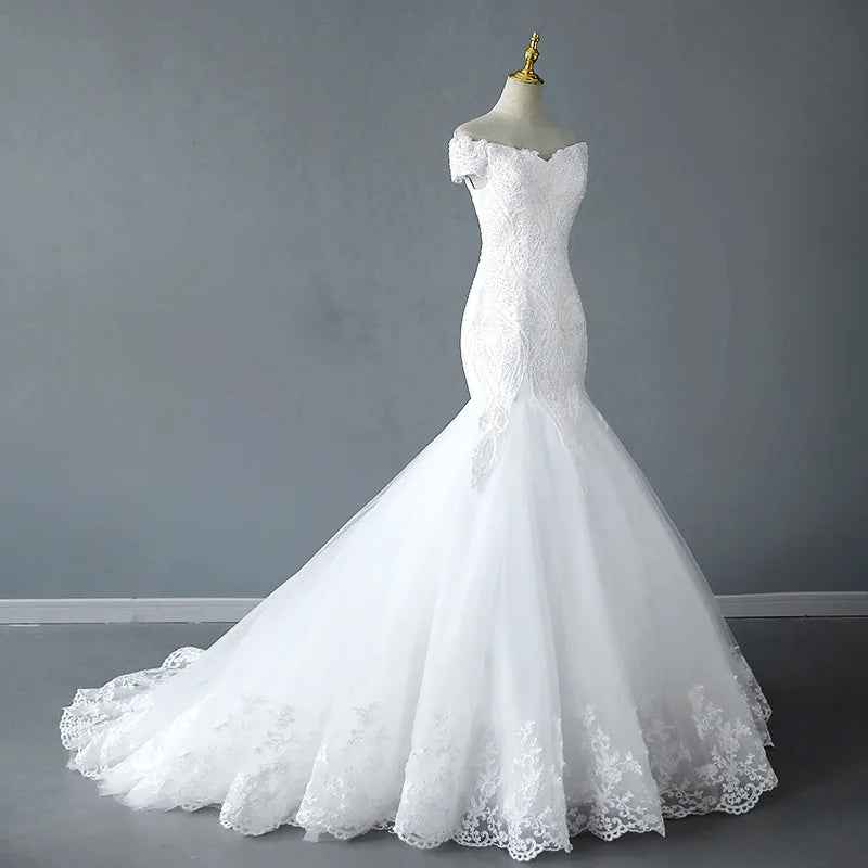New Boho Wedding Dresses Off Shoulder Mermaid Wedding Gown Luxury Lace Trumpet Dress Real Photo Vestido De Noiva