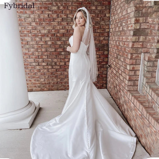 Elegant Simple Satin Mermaid Wedding Dress Strapless Sleeveless Open Back With Button Bridal Gown Custom Made Vestidos De Novia